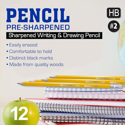 BAZIC Pencil Wood Pre-Sharpened Pencil #2 HB, Latex Free Eraser Yellow Pre Sharpened Pencils for Exam Sketching School Office (12/Pack), 1-Pack | HB graphite, pre-sharpened wood barrel, classroom, tests, homework, standardized exams, daily writing - size: