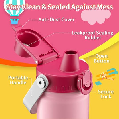 baab 18oz Kids Water Bottle, Insulated Kids Water Bottle with Lockable Spout Lid & Stickers, 18/8 Stainless Steel Vacuum Leakproof Kid Water Cup with Handle for Boy Girl & School (Rose Pink, 1 Pack) - color: Rose Pink, size: 18 Ounces