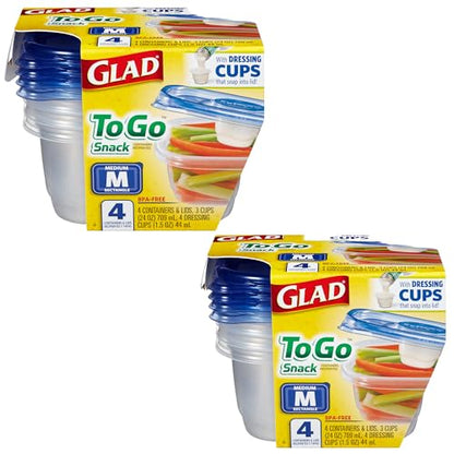 Glad GladWare To Go Snack Food Storage Containers with Lids, Medium Rectangle BPA Free Plastic with Built-In Dressing Cup for Salads and Snacks, Microwave Dishwasher Safe, 24 Oz, 4 Count - 2 Pack - size: 24 oz - 8 Count, style: Rectangle