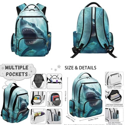 Cool Shark Backpack for Boys Girls Kids Backpack with Lunch Box Water Bottle Carrier and Cute Pencil Case 4PCS Set Bookbag with Front Pocket for School 17 inch Large School Bag Graduation - color: Cool Shark