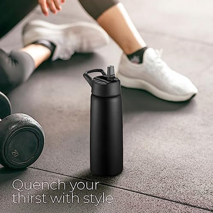 SipX™ Insulated Water Bottle with 3 Lids 25 oz (750 mL). Leakproof Stainless Steel, Triple Insulated – Cold 24 Hours/Hot 12 Hours – Durable Bottle for School, Gym, Travel – Black - color: Black, size: 25 Ounces