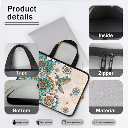 HUGS IDEA Laptop Sleeve Carrying Case for Women Computer Cover with Handle Notebook Messenger - color: Bohemian Hummingbird, size: 17inch