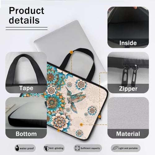 HUGS IDEA Laptop Sleeve Carrying Case for Women Computer Cover with Handle Notebook Messenger - color: Bohemian Hummingbird, size: 12inch