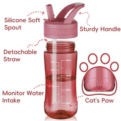 14oz Clear Kids Water Bottle with Straw Lid, BPA-Free Tritan, Measurement Scale, Sturdy Handle Wide Mouth Leak-proof Reusable Plastic Bottle for Boy& Girls, Back to School(Red) - color: Red