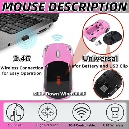 Pink Wireless Mouse，Mini Car Computer Mouse，1600DPI 2.4G Wireless with USB Receiver Wirelesss Car Mouses for Computer for PC, Laptop, Tablet Win XP/Vista/7/ME/2000/Mac OS for Womens Office Girls Gift - color: Pink