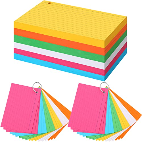 Leelosp 300 Pcs Colored Ruled Index Cards with 6 Rings 180 Gsm Thick Neon Color Study Flash Cards Single Hole Punched Lined Flashcards Studying Notecards One Side for Study(4 x 6 in,Fresh Color) - color: Fresh Color, size: 4 x 6 In