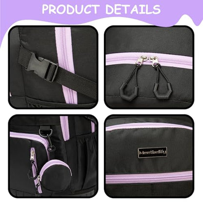 Backpack with Wheels for Girls Rolling Backpack for Kids 8-12 Roller Backpacks for Girls 10-12 School with Lunch Bag Pencil Case - color: Solid New Black Purple