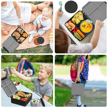 Aimsnk Kids Lunch Box with Thermo Insulated Lunch Bag for School, Black | Kids Bento Lunch Box with 8oz Food Jar, Leak Proof Hot Soup Lunch Containers with 4 Compartment, Warm Lunchbox for Toddler - color: Black
