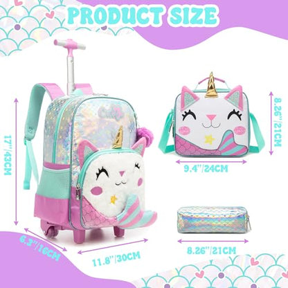 Meetbelify Backpack with Wheels for Girls Rolling Backpack Cute Carry on Backpack for Elementary Student - color: White Cat Mermaid
