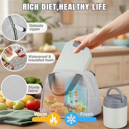Large Bento Lunch Box Set for Adults Kids Women with 10.5oz Soup Thermo,Coffee Tumblers Men Girls Boys Teenagers Leak-Proof Lunch Food Containers with Lunch Bag - color: Gray