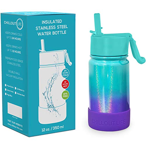 CHILLOUT LIFE 12oz Kids Insulated Stainless Steel Water Bottle with Leak Proof Straw Lid & 144 Stickers - color: Mermaid Sparkle, style: 12 oz