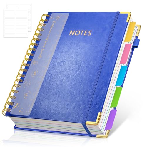 Hardcover Spiral Notebook Journal with Removable PVC Dividers - 8'' x 10'' Large 100 GSM Paper B5 Notebooks with Tabs, 300 Pages Leather 5 Subject Notebook College Ruled for Work School Notes, Blue - color: Blue