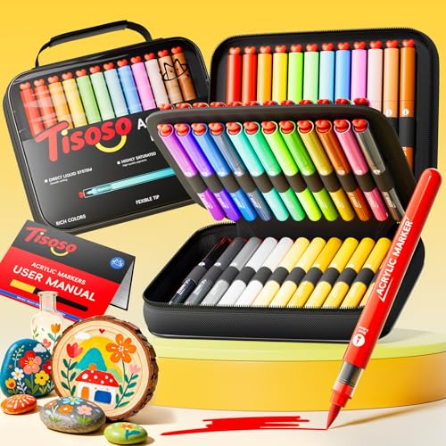 Tisoso 48 Colors Acrylic Paint Markers with Canvas Bag, Water-Based No-Bleed Paint Pens with Automatic Ink Control, Waterproof Brush Tip Markers for DIY Art & Crafts -Rock, Wood, Fabric,Glass, Metal - color: 48 Colors