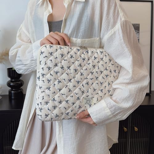 Cute Laptop Sleeve 13-15 inch Laptop Case Aesthetic Quilted Laptop Sleeve Computer Bag with Flower Printing for MacBook (Blue, 15inch) - color: Blue, size: 15inch