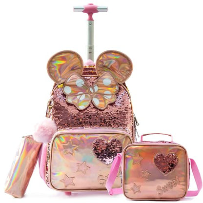 Kids Rolling Big Ears Backpack for Girls Sequins Trolley Suitcases Luggage Travel with Wheels Bookbag Wheeled 17" Roller Backpacks Set Toddler Back Pack School Bags for Elementary Champagne - color: 5315-miqi-champagne