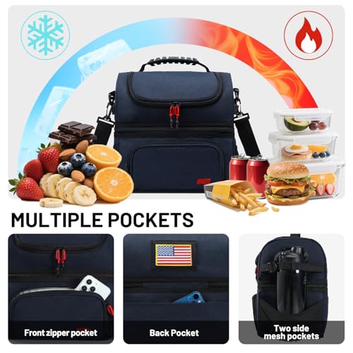 MIER Dual Compartment Lunch Bag Tote with Shoulder Strap for Men and Women Insulated Leakproof Cooler Bag, Dark Blue - color: Navy Blue