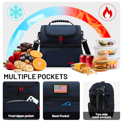 MIER Dual Compartment Lunch Bag Tote with Shoulder Strap for Men and Women Insulated Leakproof Cooler Bag, Dark Blue - color: Navy Blue