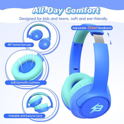 Kids Bluetooth Headphones with 85H Playtime Without LED, Safe Volume 85/94dB Wireless Headphones for Kids, Bluetooth 5.4, Over-Ear Toddler Headset for Boys Tablet/ Airplane/School (Azure No LED) - color: Azure