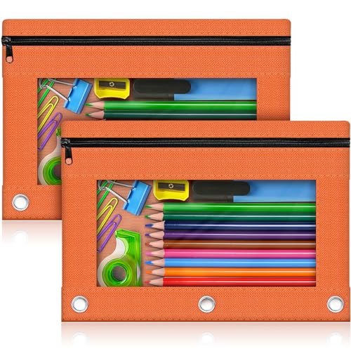 Pencil Pouch for 3 Ring Binder, 2 Pack Pencil Bags with Zipper, Orange Pencil Case for Classroom School Office Supplies, Large Sturdy and Durable Cloth Pencil Pocket for 3 Holder Binder - color: Orange