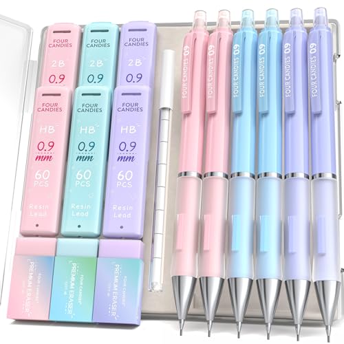Four Candies Pastel Mechanical Pencil Set, 0.9mm Bold Point, Pack of 6 | 360 HB/2B Leads, 3 Erasers, 9 Eraser Refills, Storage Case, Triangular Grip, for Heavy Writing & Sketch - style: 0.9 mm