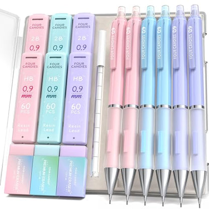 Four Candies Pastel Mechanical Pencil Set, 0.9mm Bold Point, Pack of 6 | 360 HB/2B Leads, 3 Erasers, 9 Eraser Refills, Storage Case, Triangular Grip, for Heavy Writing & Sketch - style: 0.9 mm