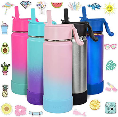 CHILLOUT LIFE 17oz Kids Insulated Stainless Steel Water Bottle with Leak Proof Straw Lid & 144 Stickers - color: Cotton Candy, style: 17 oz