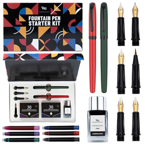 Wordsworth & Black Fountain Pen Set for Beginners, Calligraphy Kit, Green | Brush Pen + 5 Nibs, 60 Ink Cartridges + Ink Bottle, Converter, Writing & Journaling, Gift for Men & Women, Refillable - color: Red and Green