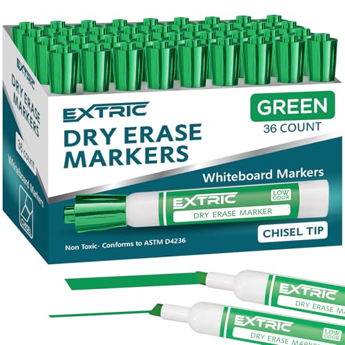 EXTRIC Green Dry Erase Markers 36 PK Whiteboard Marker Bulk Chisel Tip | Use: Whiteboards and Glass Boards, Color: Vivid Green Ink, Tip Style: Chisel Tip, Feature: Low-Odor, Non-Toxic - color: Green, size: 1 Count (Pack of 36)
