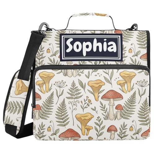 Mushroom Leaves Beige Print Custom Zipper Binder Bag 3 Ring with Shoulder Strap & Handle Personalized Binder Bag Expandable File Folder for School - color: Multi-mushroom Leaves Beige