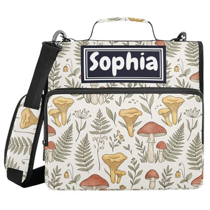 Mushroom Leaves Beige Print Custom Zipper Binder Bag 3 Ring with Shoulder Strap & Handle Personalized Binder Bag Expandable File Folder for School - color: Multi-mushroom Leaves Beige