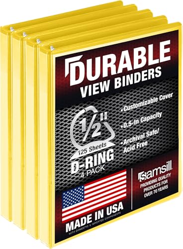 Samsill Durable 0.5 inch 3 Ring Binder, D Ring Binder, 100% Recycled Chipboard, Yellow, 4 Pack