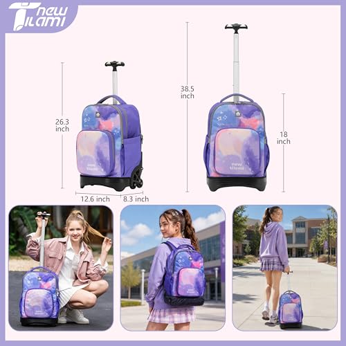 NEW TILAMI 18 inch Rolling Backpack Boys & Girls for School – Durable, Waterproof, Adjustable Handle, Ideal for Travel & Daily Use, Purple Sky - color: Purple Sky