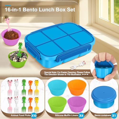 Amathley Lunch Box Kids Girls Boys,Bento Box Adult,Toddler Lunch Containers for School,Leakproof Snack Containers with 6 Compartments,Sauce Container,10 Food Picks and 4 Muffin Cups (Blue) - color: Blue