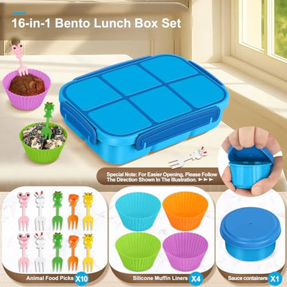 Amathley Lunch Box Kids Girls Boys,Bento Box Adult,Toddler Lunch Containers for School,Leakproof Snack Containers with 6 Compartments,Sauce Container,10 Food Picks and 4 Muffin Cups (Blue) - color: Blue