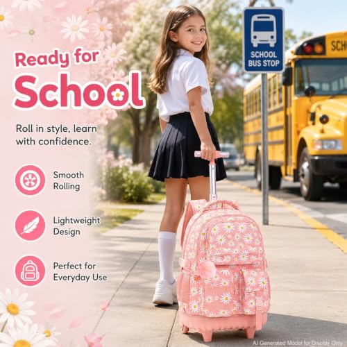WZLVO 3PCS Rolling Backpack for Girls, Water Resistance Roller Bookbag, Women Aesthetic Wheeled School Bag Set with Lunch Bag & Pencil Bag for Teens & Kids - Pink Chrysanthemum - color: 3pcs Girls Rolling Backpack - Pink Chrysanthemum