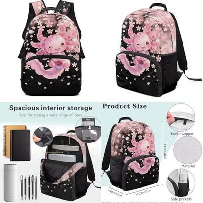 Kids Cute Axolotl 4 in 1 Backpack Set, Cherry Blossom Print Elementary School Bookbag with Lunch Box Pencil Case Water Bottle Holder for Girls - color: Cute Axolotl