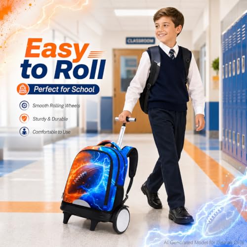 AGSDON Quiet Rolling Backpack with Lunch Box Set – Large‑Wheel Water‑Resistant Wheeled Bag for School, Outings, and Travel | Fire-Lightning Rugby 3‑Piece Organizer Backpack - color: Big Wheel Rolling Backpack Fire-lightning Rugby