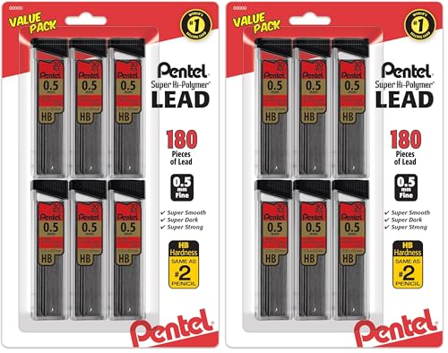Pentel Super Hi-Polymer Refills, 0.5 mm Fine, HB, 180 Pieces of Lead (C25BPHB6), (Pack of 2) - size: 6 Count (Pack of 2), style: 0.5mm