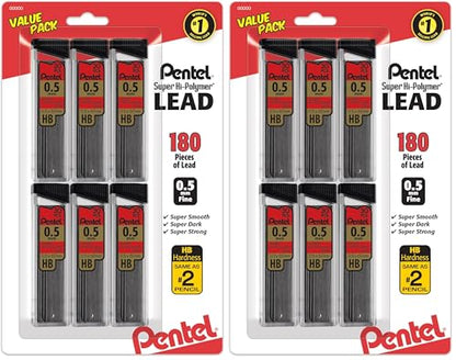 Pentel Super Hi-Polymer Refills, 0.5 mm Fine, HB, 180 Pieces of Lead (C25BPHB6), (Pack of 2) - size: 6 Count (Pack of 2), style: 0.5mm