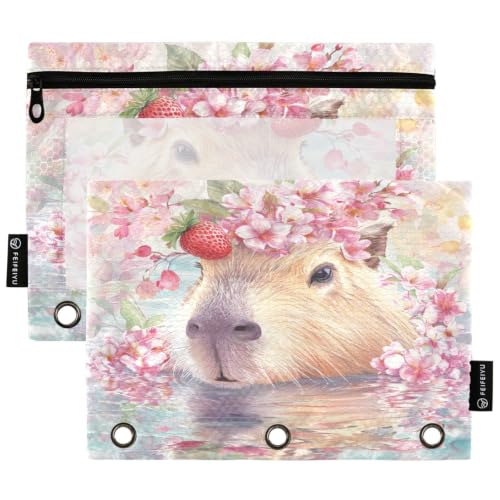 Gredecor 3 Ring Binder Pencil Pouch, Capybara Strawberry Cherry Zippered Pen Case Pouches with Clear Window, 2 Pack Stylish Office & School Supplie - color: Capybara Strawberry Cherry
