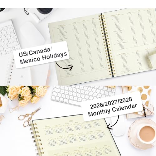AuroPlanner Undated Daily Planner Notebook 8.5x11 Hourly Schedule Red | office & student planning, 180 pages 100 GSM cream white paper hardcover spiral bound notebook, 2026-2028 reference calendar - color: Red