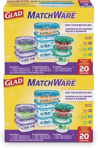 Glad GladWare MatchWare Food Storage Containers with Lids, BPA Free Reusable Plastic 20 Piece Variety Pack for Lunches, Meal Prep, and Leftovers, Leak Resistant, Microwave and Dishwasher Safe - 2 Pack - size: 20 Count - 2 Pack