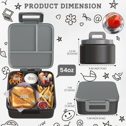 MAISON HUIS Bento Lunch Box with 8oz Soup Thermo, 5-Compartment Leak-Proof Container, Thermo Hot Food Jar and Insulated Lunch Bag, BPA Free,Travel, School (Gray) - color: Gray