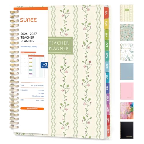 SUNEE Teacher Planner 2026-2027 Academic Year, Lite Lesson Planner Book with 7 Periods Jul 2026 - Jun 2027, 8.5"x11" Daily Weekly and Monthly Organizers, Plan Book with Pocket, Tabs, Floral Stripes - color: Floral Stripes