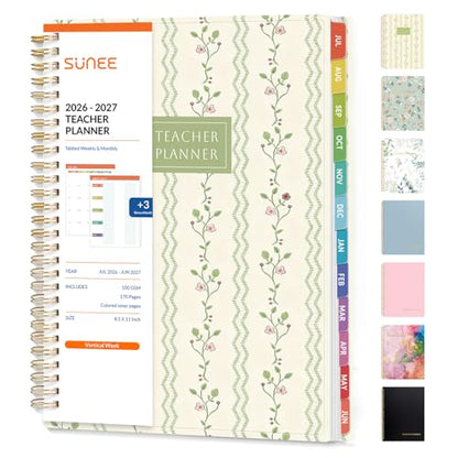 SUNEE Teacher Planner 2026-2027 Academic Year, Lite Lesson Planner Book with 7 Periods Jul 2026 - Jun 2027, 8.5"x11" Daily Weekly and Monthly Organizers, Plan Book with Pocket, Tabs, Floral Stripes - color: Floral Stripes