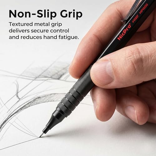 Nicpro Mechanical Pencils 0.7mm in Case, 3 Pack Metal Pencils Set, Black | 480PCS HB Lead Refills, 3 Erasers, 9 Eraser Refills, Anti-slip Grip, Art Sketching Pencil for Writing Drawing Drafting - color: Black, style: 0.7 MM