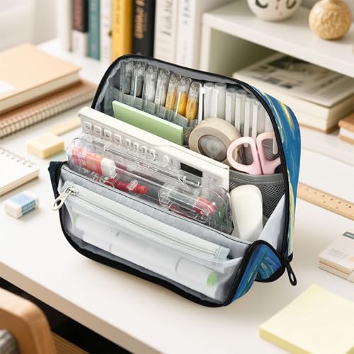 The Starry Night Art Pencil Case Organizer, Large Capacity Stand-Up Pen Pouch with 3 Compartments, Foldable Makeup Bag for School Office Travel Supplies, 8.3 x 5.9 Inch - color: Starry Night