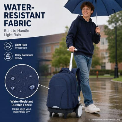AGSDON Quiet Glide Rolling Backpack with Lunch Box Set - Large Wheel Water-Resistant Wheeled Bag for Business, Travel, and College | Navy Blue 3-in-1 Organizer Backpack - color: Reflective Blue - Rolling Backpack