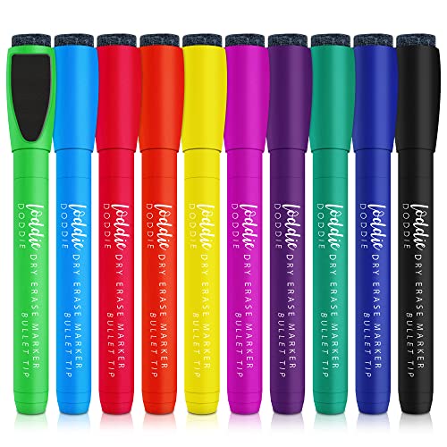 Loddie Doddie Magnetic Dry Erase Markers, Whiteboard Marker Set, 10 Pack | Stay Put Magnetic Design, Eraser Caps, Low Odor, Wipes Clean, 10 Colors, Erasable Pen Magnetic Whiteboard Markers