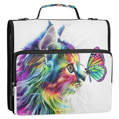 JIPONI Zipper Binder Bag with Handle, Cat Rainbow Butterfly 2 in 3-Ring Binder Organizer with Shoulder Strap, 500 Sheets Large Capacity for School Office